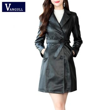 VANGULL Women Sheepskin PU Leather Jacket Belt Gothic Black Trench Free Wash Autumn Winter Double-breasted Plus Size Cotton Coat