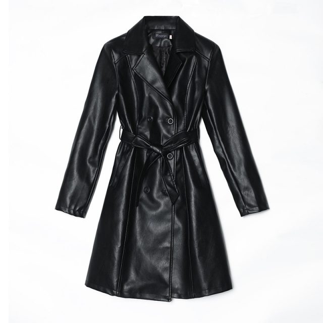 VANGULL Women Sheepskin PU Leather Jacket Belt Gothic Black Trench Free Wash Autumn Winter Double-breasted Plus Size Cotton Coat