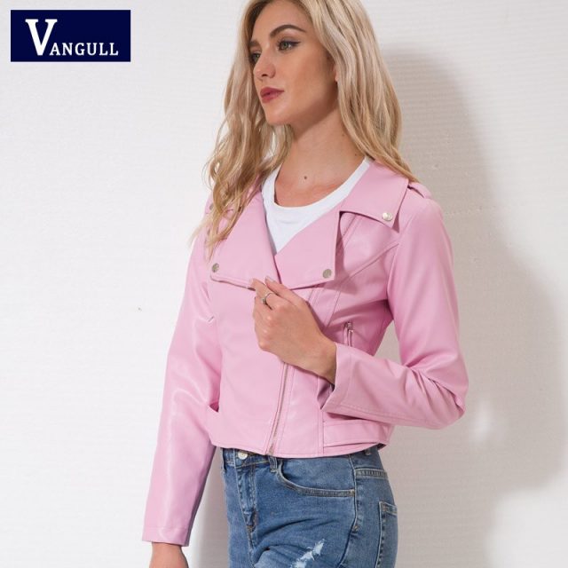 Vangull Brand Motorcycle PU Leather Jacket Women Winter Autumn New Fashion Coat Pink Zipper Outerwear jacket New 2018 Coat