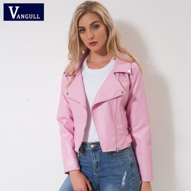 Vangull Brand Motorcycle PU Leather Jacket Women Winter Autumn New Fashion Coat Pink Zipper Outerwear jacket New 2018 Coat
