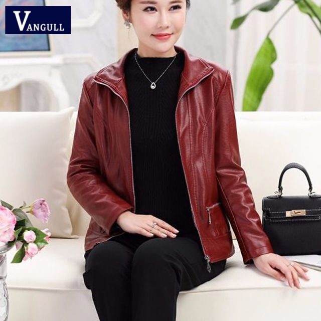 Vangull Women Faux Leather Jackets Fashion Autumn Winter Female Solid PU Leather Coat Long Sleeve Plus Size Women Leather Jacket