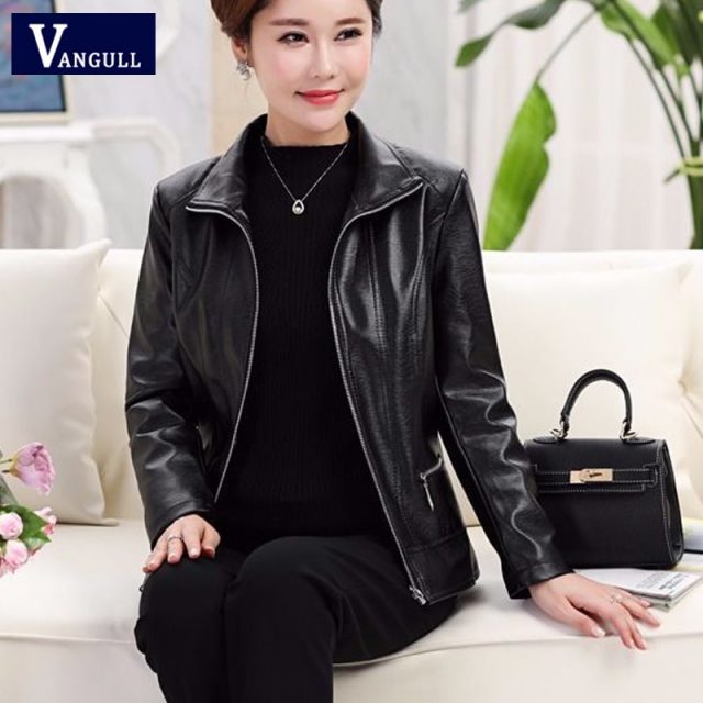 Vangull Women Faux Leather Jackets Fashion Autumn Winter Female Solid PU Leather Coat Long Sleeve Plus Size Women Leather Jacket