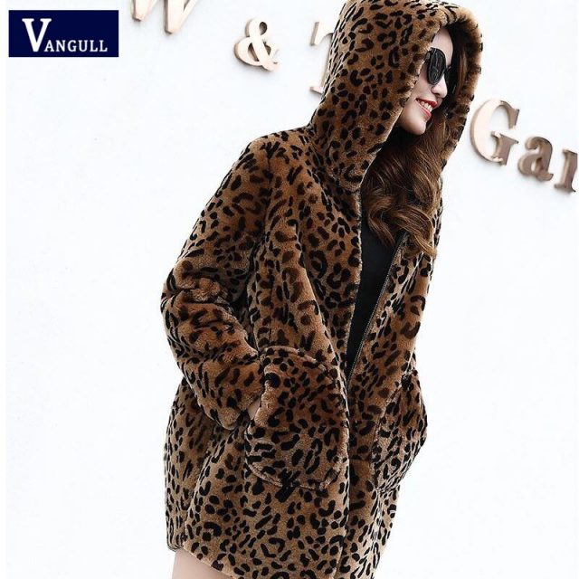 Vangull Women Leopard Faux Fur Coats Winter Warm Thick Hooded Jacket 2019 New Fashion Long Sleeve Zipper Loose Plus Size Jacket
