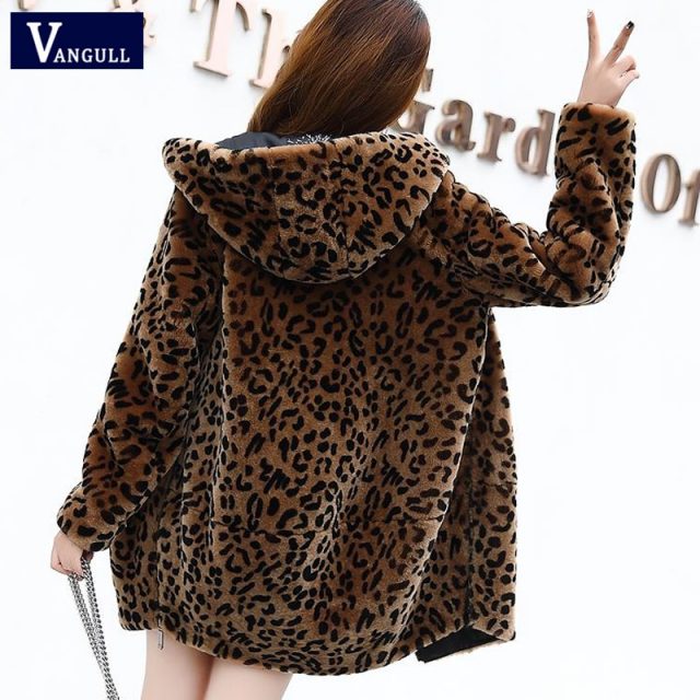 Vangull Women Leopard Faux Fur Coats Winter Warm Thick Hooded Jacket 2019 New Fashion Long Sleeve Zipper Loose Plus Size Jacket