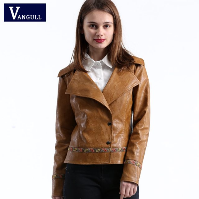 Vangull Casual Embroidery faux leather coat 2019 New Girl Motorcycle leather jacket women Fashion cool outerwear Street jackets