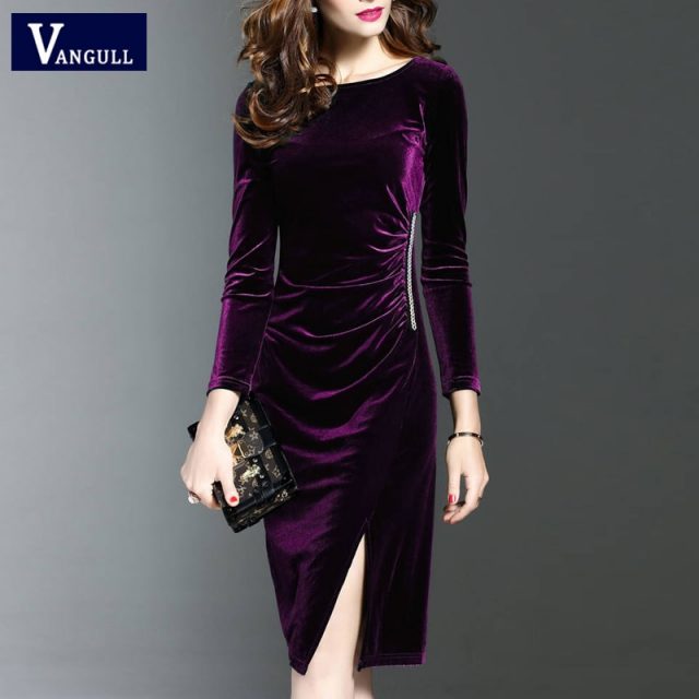 Vangull Women Velvet Dress Solid Elegant Female Slit Hemline Ruched Dress 2019 New Autumn Winter Long Dresses Women Clothing