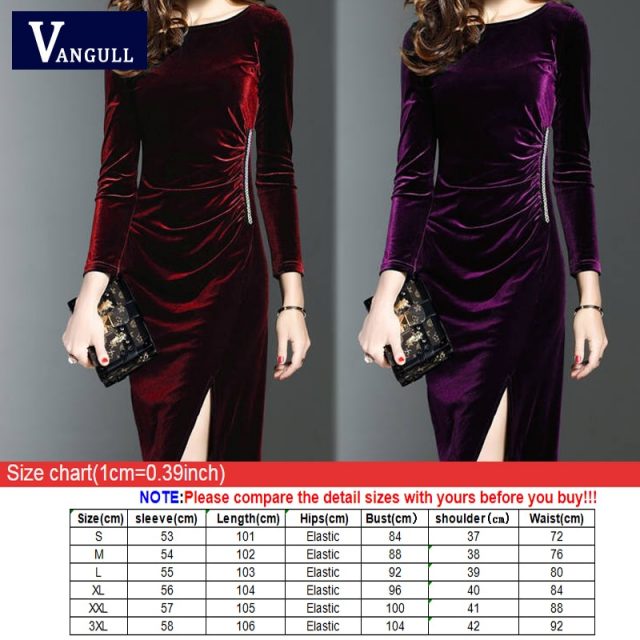 Vangull Women Velvet Dress Solid Elegant Female Slit Hemline Ruched Dress 2019 New Autumn Winter Long Dresses Women Clothing