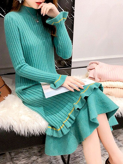 Vangull Knitted Sweater Dress Women Flare Sleeve Turtleneck Winter Dress 2019 New Autumn Solid Sweet Ruffle Elegant Long Dress