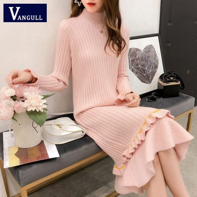 Vangull Knitted Sweater Dress Women Flare Sleeve Turtleneck Winter Dress 2019 New Autumn Solid Sweet Ruffle Elegant Long Dress