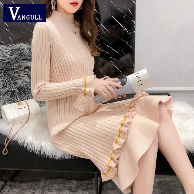 Vangull Knitted Sweater Dress Women Flare Sleeve Turtleneck Winter Dress 2019 New Autumn Solid Sweet Ruffle Elegant Long Dress