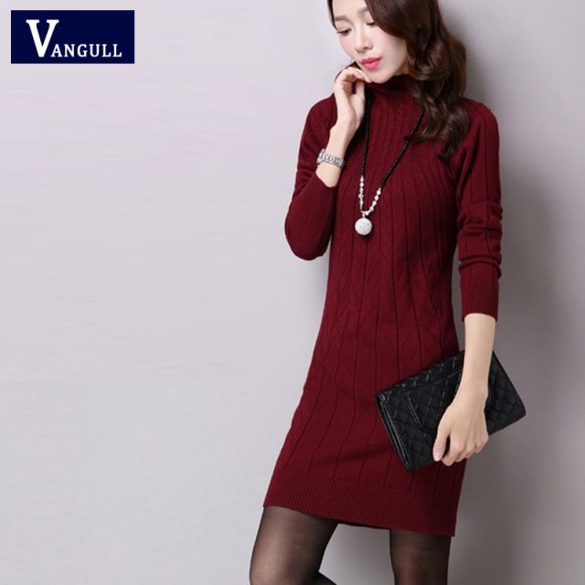 Vangull Autumn Winter Solid Knitted Cotton Sweater Dresses New Women Fashion Turtleneck Pullover Female Knitted Dress Vestidos