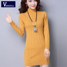 Vangull Autumn Winter Solid Knitted Cotton Sweater Dresses New Women Fashion Turtleneck Pullover Female Knitted Dress Vestidos