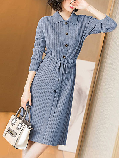 Vangull Women Knitted Dresses Solid Female Long Sleeve Dress 2019 New Autumn Winter Turn-down Collar Button Solid Slim Dresses