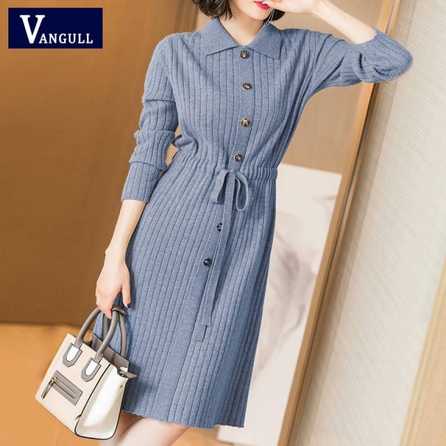 Vangull Women Knitted Dresses Solid Female Long Sleeve Dress 2019 New Autumn Winter Turn-down Collar Button Solid Slim Dresses