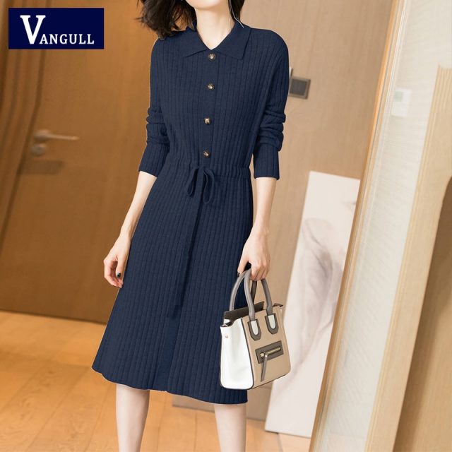 Vangull Women Knitted Dresses Solid Female Long Sleeve Dress 2019 New Autumn Winter Turn-down Collar Button Solid Slim Dresses