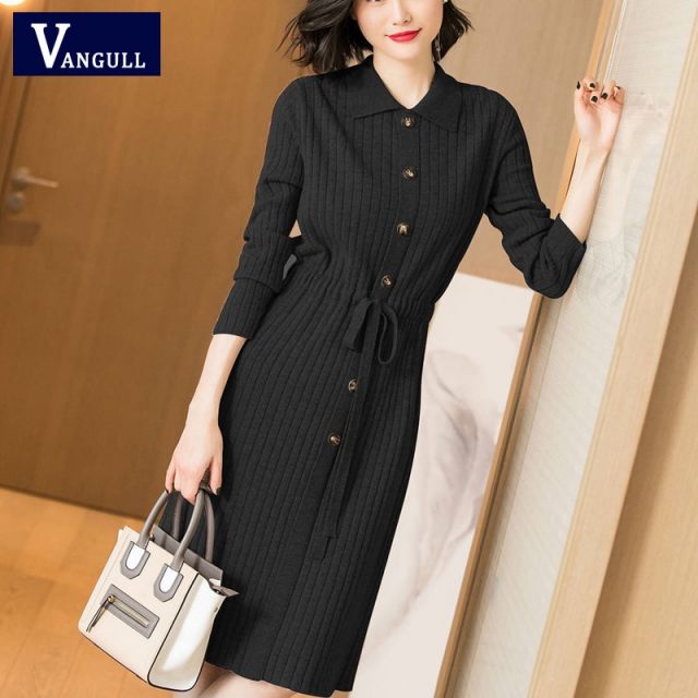 Vangull Women Knitted Dresses Solid Female Long Sleeve Dress 2019 New Autumn Winter Turn-down Collar Button Solid Slim Dresses