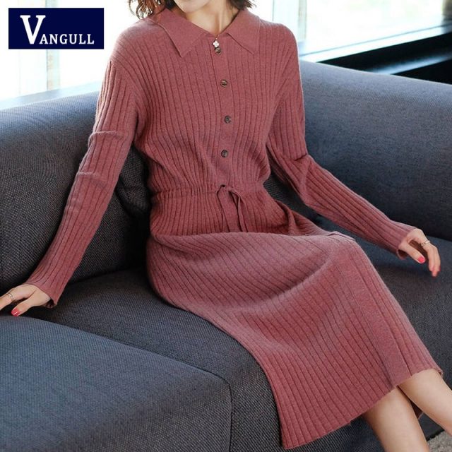 Vangull Women Knitted Dresses Solid Female Long Sleeve Dress 2019 New Autumn Winter Turn-down Collar Button Solid Slim Dresses