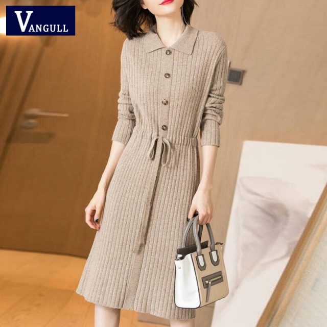 Vangull Women Knitted Dresses Solid Female Long Sleeve Dress 2019 New Autumn Winter Turn-down Collar Button Solid Slim Dresses