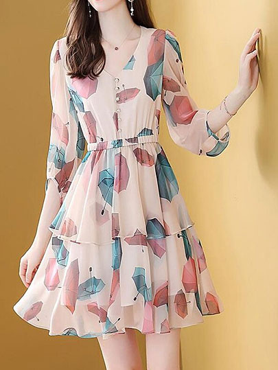 Vangull Summer New Print Elastic waist cake skirt mid-length sleeve V-neck A-line Short dress Feminine Chic Office lady dress