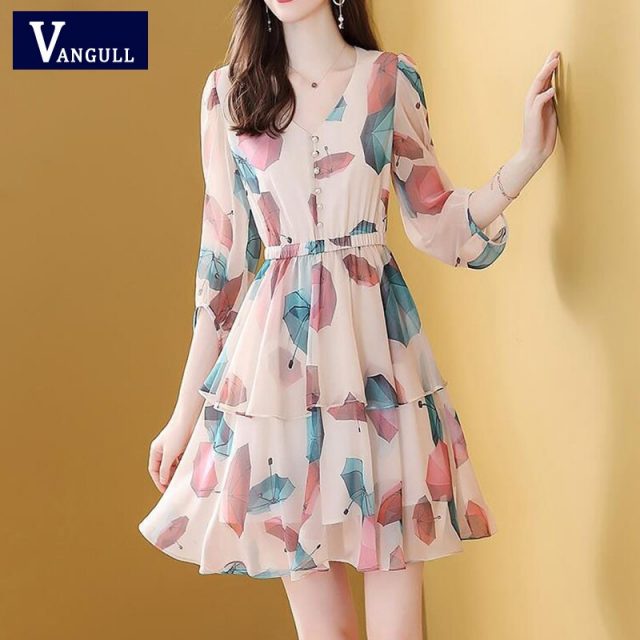 Vangull Summer New Print Elastic waist cake skirt mid-length sleeve V-neck A-line Short dress Feminine Chic Office lady dress