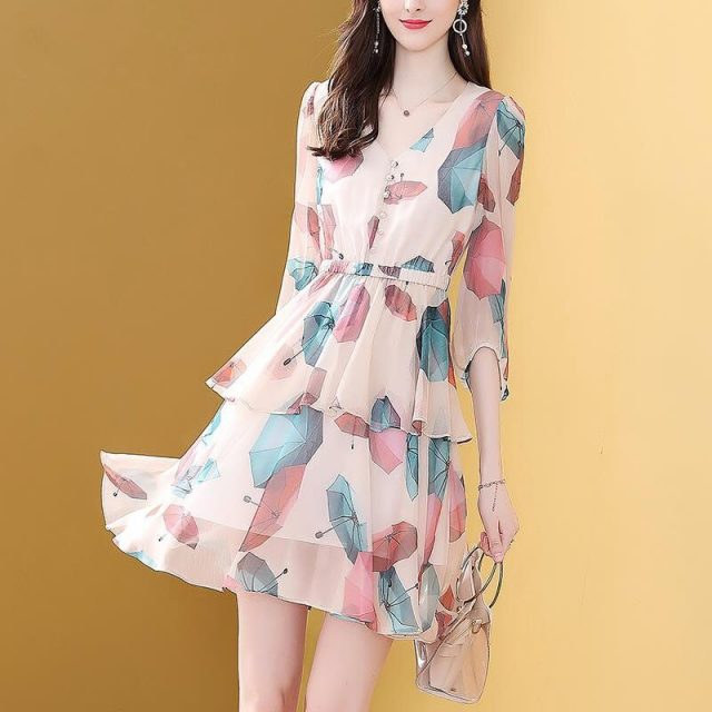 Vangull Summer New Print Elastic waist cake skirt mid-length sleeve V-neck A-line Short dress Feminine Chic Office lady dress