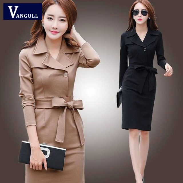 Vangull  Women Elegant Dress Solid High Waist Sashes Dress 2019 Autumn New Office Lady Female Turn-down Collar Slim Dresses