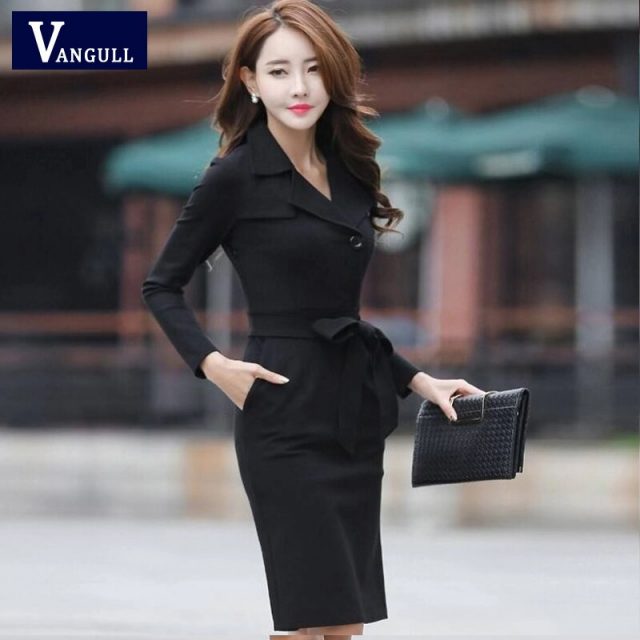 Vangull  Women Elegant Dress Solid High Waist Sashes Dress 2019 Autumn New Office Lady Female Turn-down Collar Slim Dresses