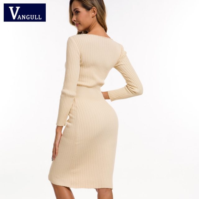Vangull Autumn Knitting Cotton Dress Women Long Sleeve v-neck Sheath Mid-Calf Dress Winter Warm Slim Pullovers Sweater Dress