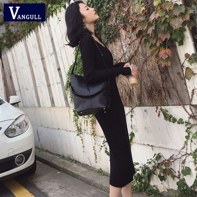 Vangull Autumn Knitting Cotton Dress Women Long Sleeve v-neck Sheath Mid-Calf Dress Winter Warm Slim Pullovers Sweater Dress