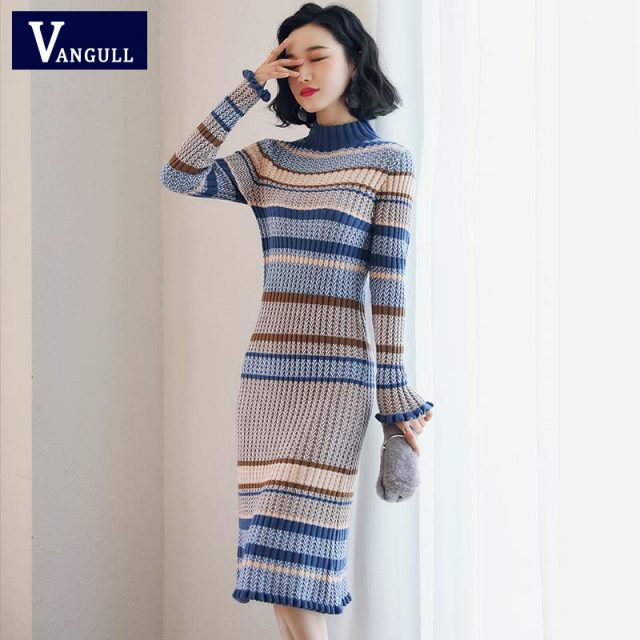 Vangull Women Sweater Dress Long Sleeve Turtleneck Elegant Knitted Dress 2019 Autumn Winter Casual Lady Bodycon Cotton Dress
