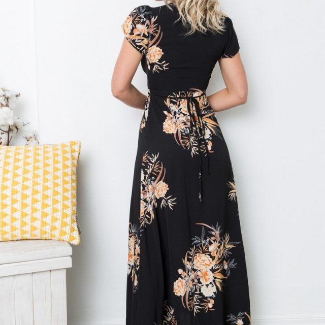 Boho deep v neck long women dress 2018 New Brand split cross lace up summer dress Short Sleeve beach maxi dress vestidos