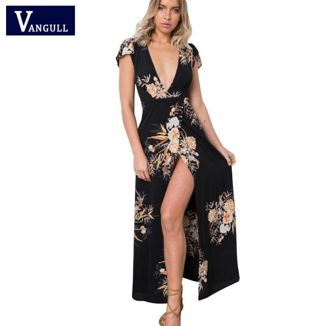 Boho deep v neck long women dress 2018 New Brand split cross lace up summer dress Short Sleeve beach maxi dress vestidos
