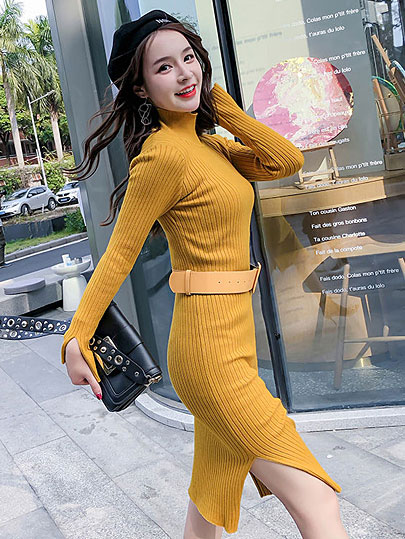 Vangull Sweater Dress 2019 New Fall Winter Warm Charm Women split side Long Sexy Bodycon Dresses with belt Skinny Knitted Dress