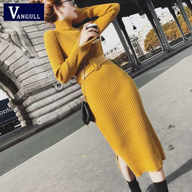 Vangull Sweater Dress 2019 New Fall Winter Warm Charm Women split side Long Sexy Bodycon Dresses with belt Skinny Knitted Dress