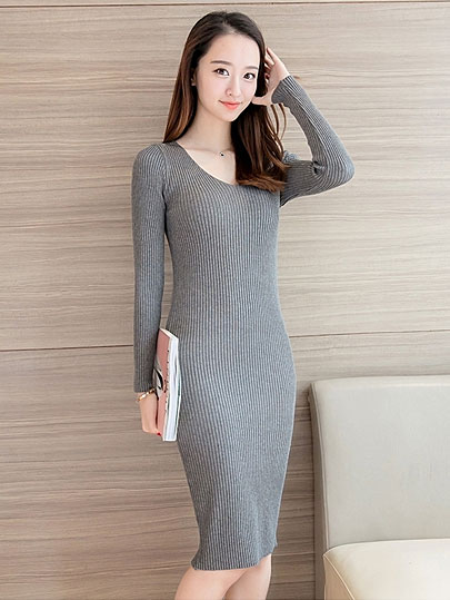 Vangull Women Knitted Dress Casual New Style Female Long V-Neck Dresses 2019 Autumn Winter Long Sleeve Solid Sheath Soft Dresses