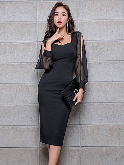 Vangull Sexy Black Square Collar Hollow Out Pencil Dress Women 2019 Spring Split Lantern Sleeve OL Fitted Sheath Bodycon Vestido