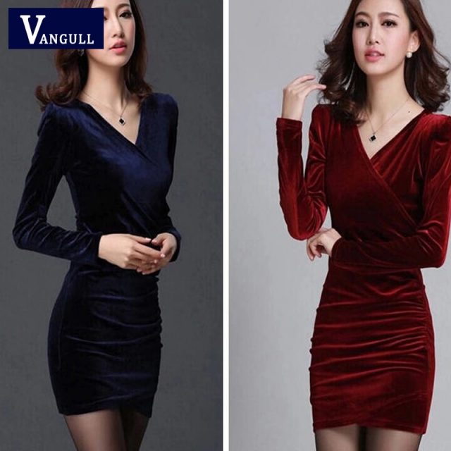 Vangull Women Velvet Dress V-neck Long Sleeve Sexy Dress 2019 Autumn New Solid Package Hip Pencil Slim Sheath Mini Dresses