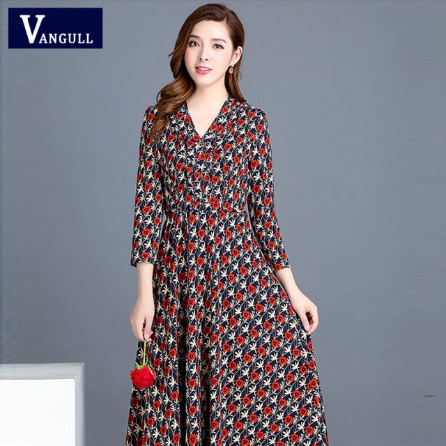 VANGULL 2019 Spring Summer New Fashion Women Flower Dress Female V-Neck Long Sleeve Dress Floral Print Long Loose A-line Dresses