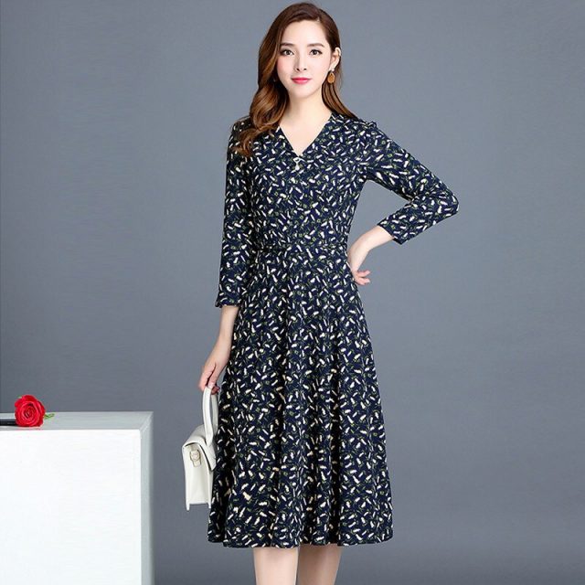 VANGULL 2019 Spring Summer New Fashion Women Flower Dress Female V-Neck Long Sleeve Dress Floral Print Long Loose A-line Dresses