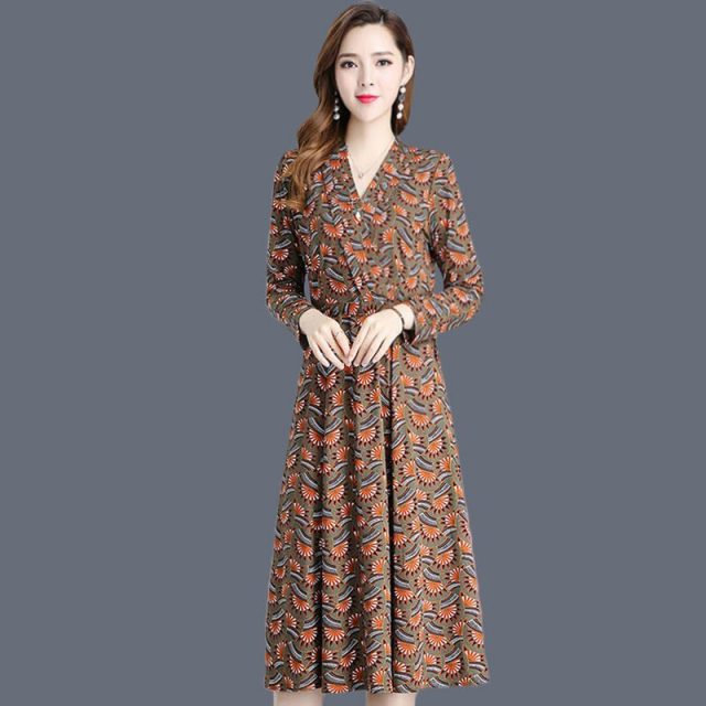 VANGULL 2019 Spring Summer New Fashion Women Flower Dress Female V-Neck Long Sleeve Dress Floral Print Long Loose A-line Dresses