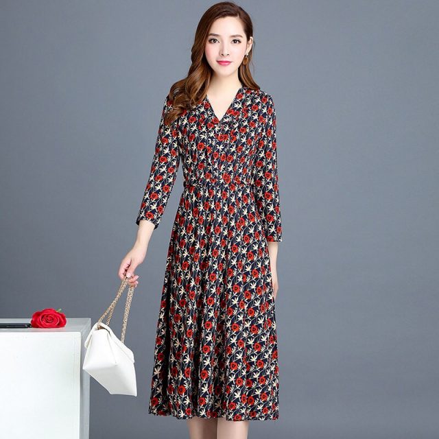 VANGULL 2019 Spring Summer New Fashion Women Flower Dress Female V-Neck Long Sleeve Dress Floral Print Long Loose A-line Dresses