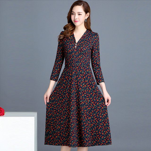 VANGULL 2019 Spring Summer New Fashion Women Flower Dress Female V-Neck Long Sleeve Dress Floral Print Long Loose A-line Dresses