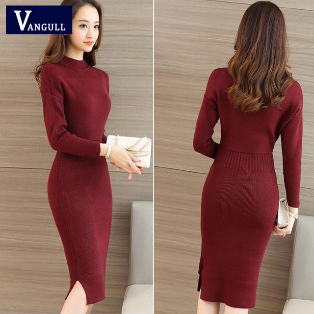 Vangull 2019 New Autumn Winter Warm Sweater Dress Women Sexy Slim Bodycon Dress Female O Neck Long Sleeve Knitted Dress Vestidos