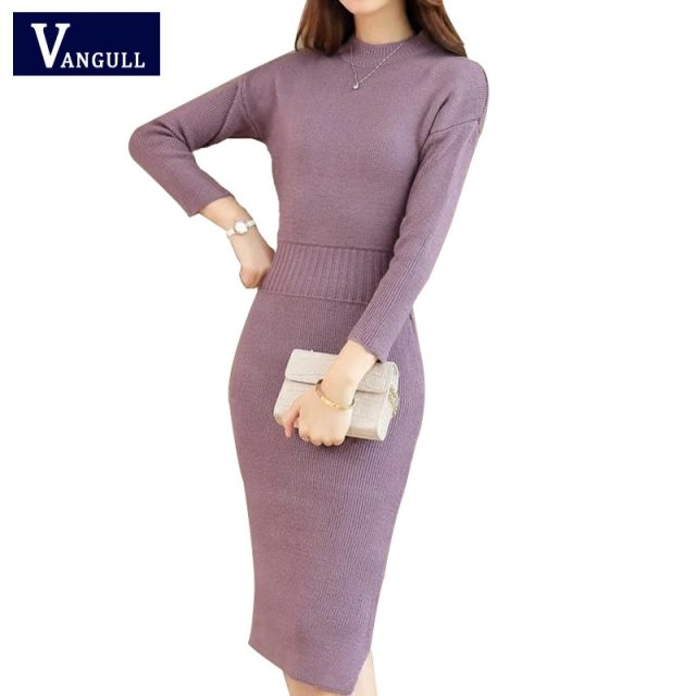 Vangull 2019 New Autumn Winter Warm Sweater Dress Women Sexy Slim Bodycon Dress Female O Neck Long Sleeve Knitted Dress Vestidos