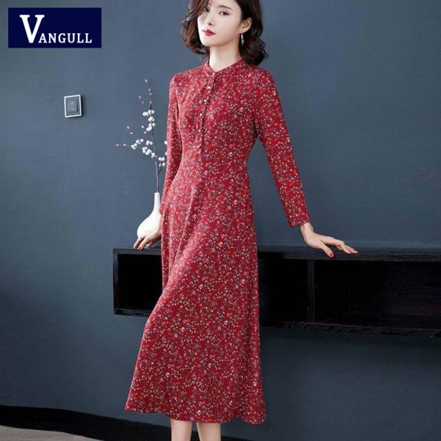 Vangull Floral Printed Women Long Dress High Quality Spring Autumn Casual Vestidos De Bohemian Style Party Dress Female Spring