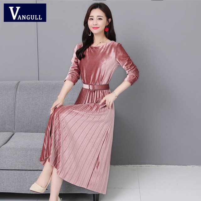 Vangull Women Velvet Dresses Solid Pleate Elegant Female Dress Autumn Winter 2019 New Long Sleeve Slim Evening Party Dresses