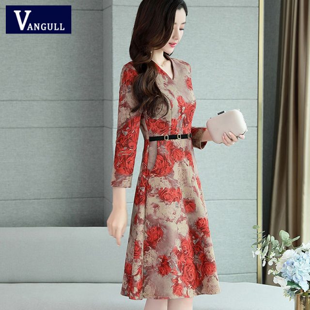 Vangull Women Vintage Boho Floral Printed Dress 2019 New Spring Autumn V Neck Party Dress Elegant Plus size Summer A Line Dress
