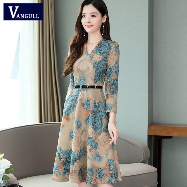 Vangull Women Vintage Boho Floral Printed Dress 2019 New Spring Autumn V Neck Party Dress Elegant Plus size Summer A Line Dress
