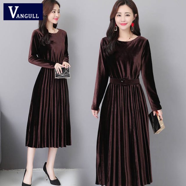 Vangull Women Velvet Dresses Solid Pleate Elegant Female Dress Autumn Winter 2019 New Long Sleeve Slim Evening Party Dresses
