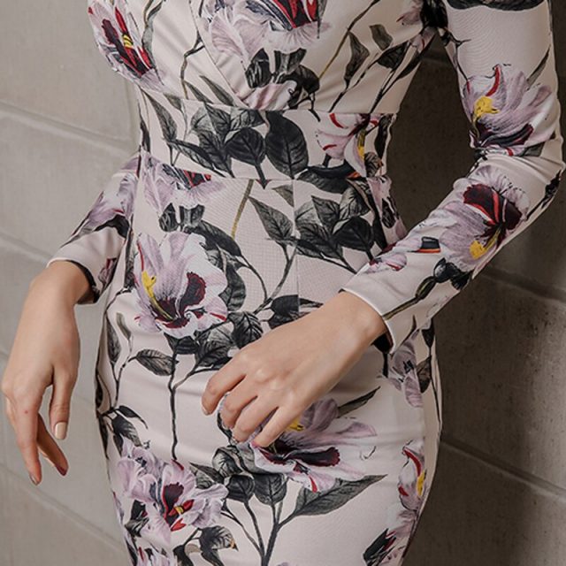 Vangull Sexy V-neck Floral Print Pencil Bodycon Dress Women Spring Elegant Full Sleeve Split Female Dress Casual OL Vestidos
